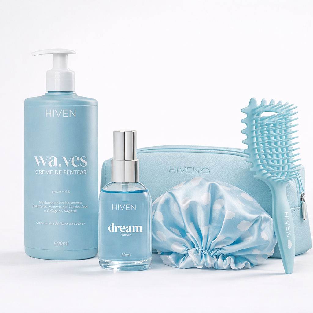 COMBO DIA DA MULHER: Creme Waves+ Dream Parfum + Touca de Cetim + Escova FitaBrush + Necessarie BRINDE
