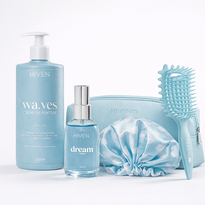 COMBO DIA DA MULHER: Creme Waves+ Dream Parfum + Touca de Cetim + Escova FitaBrush + Necessarie BRINDE